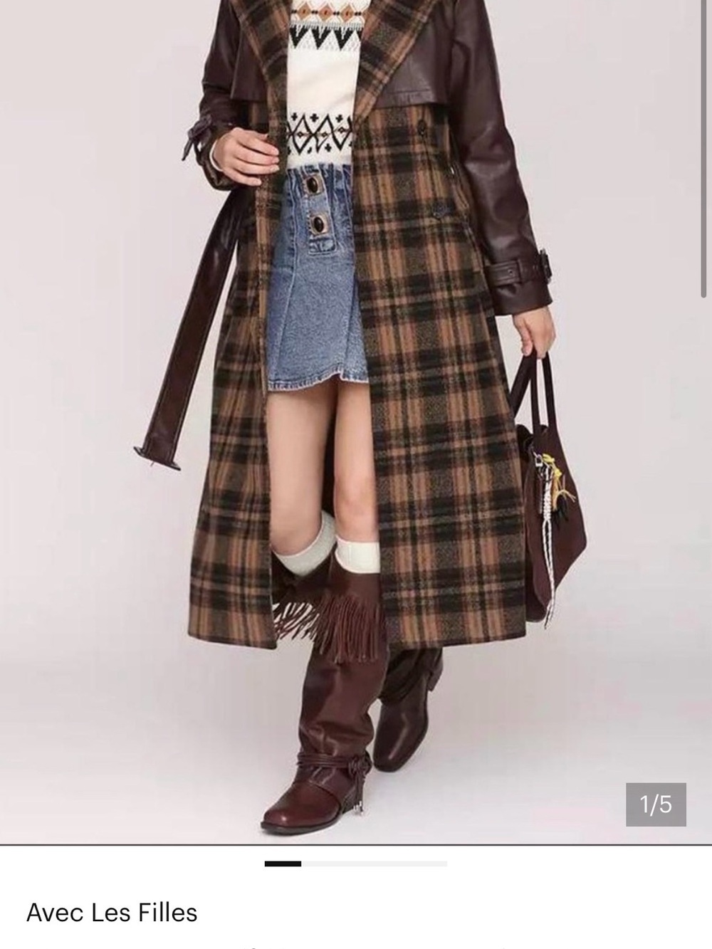 Avec Les Filles Brown and Tan Plaid Trench with Dark Brown Leather Sleeves